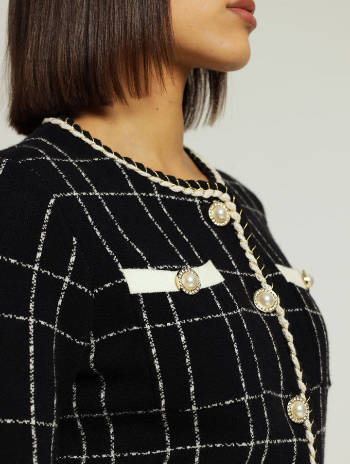 Plaid Knit Jacket With Braided Edge - Black