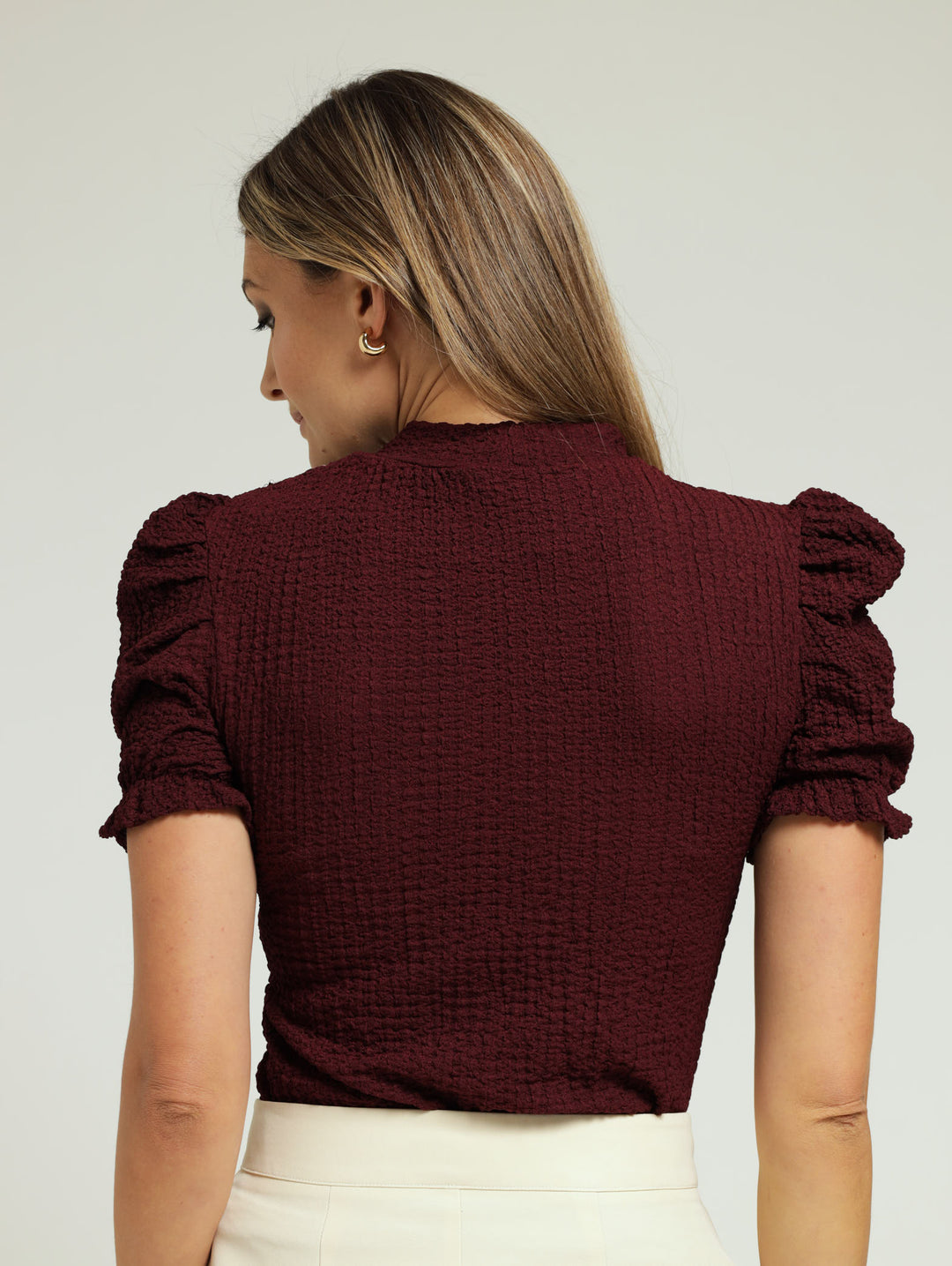 Puff Sleeve Button Blouse - Wine