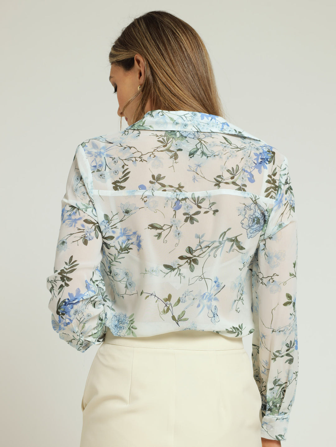 Hydrangea Floral Chiffon Shirt - White/Blue