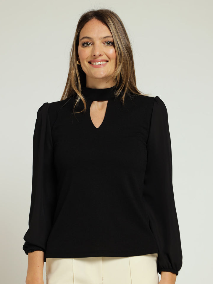 Hi-Neck Pleat Combo Blouse - Black