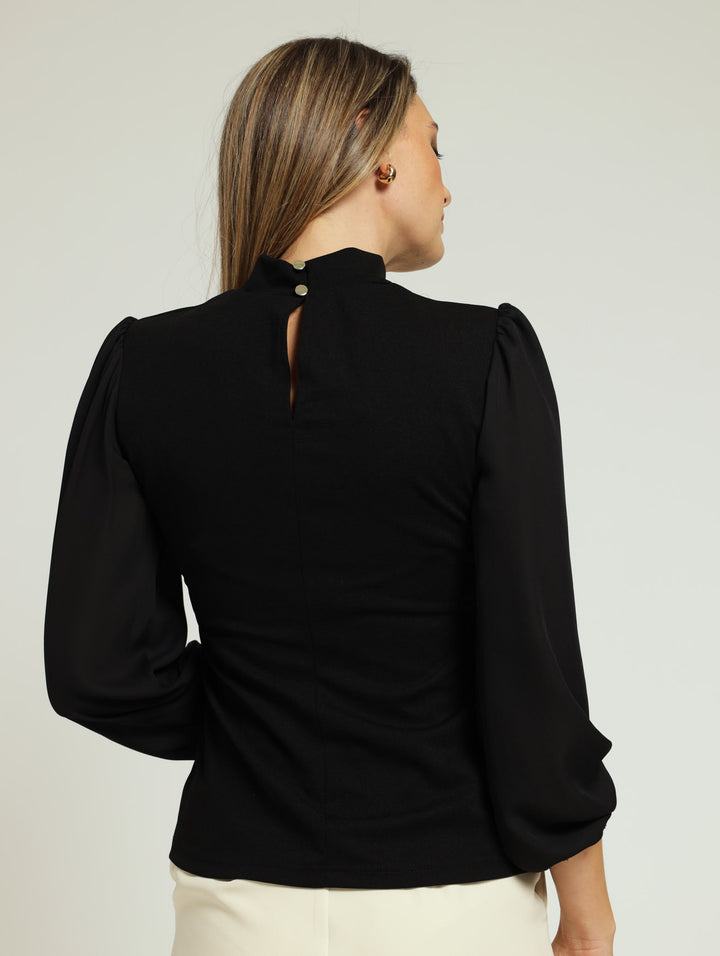 Hi-Neck Pleat Combo Blouse - Black