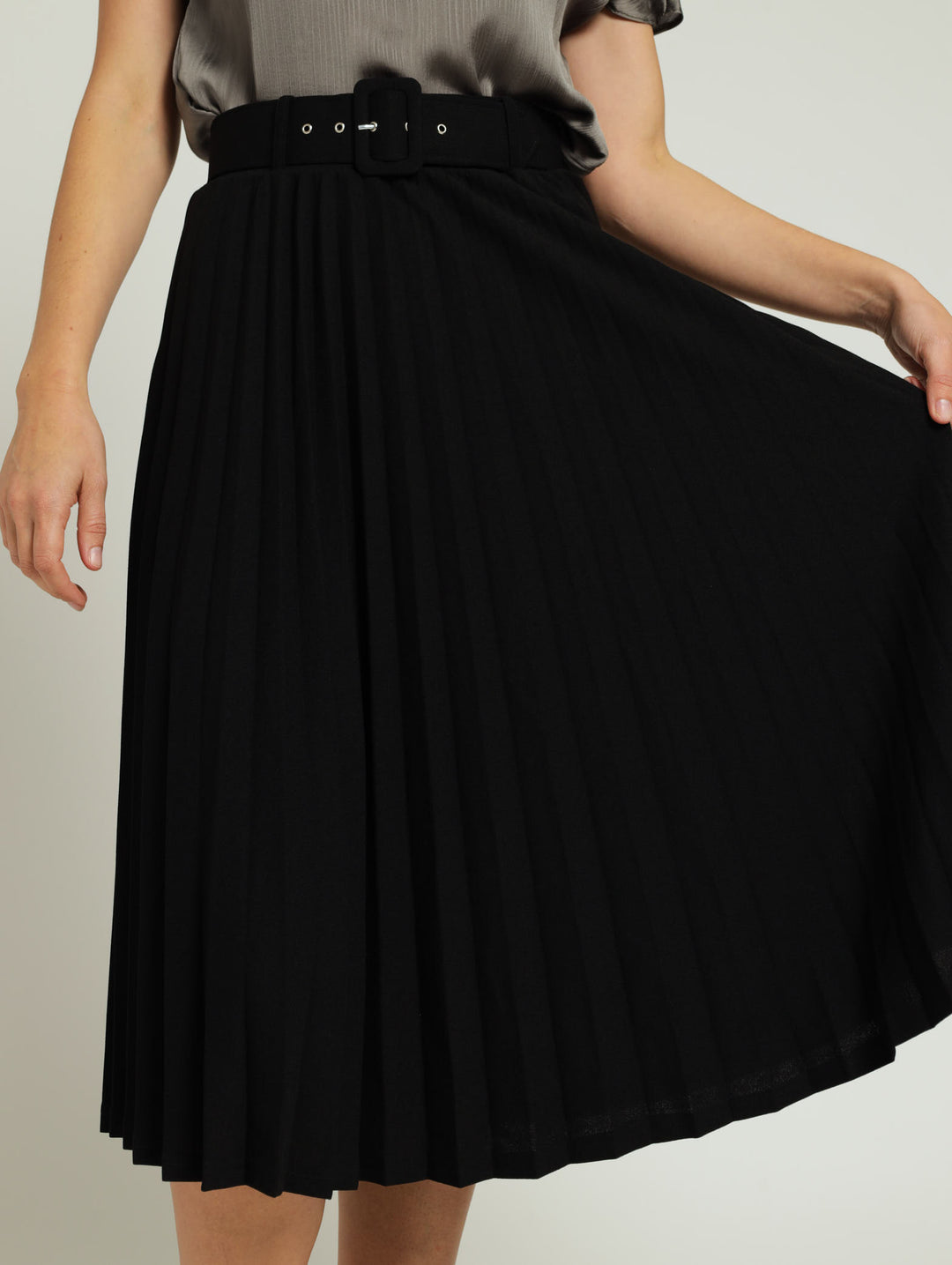 Belted Pleated Skirt - Black