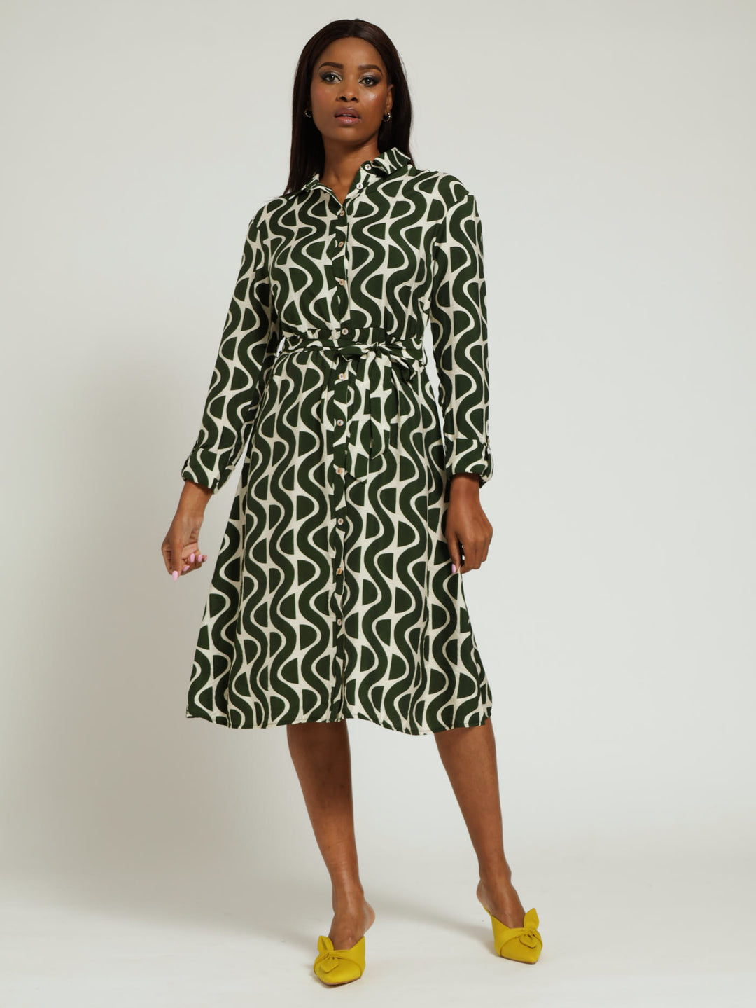 Long Sleeve Midi Belted Shirt Dress - White/Green