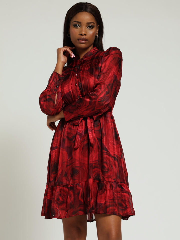 Mandarin Collared Belted Frill Hem Tea Dress - Dark Red