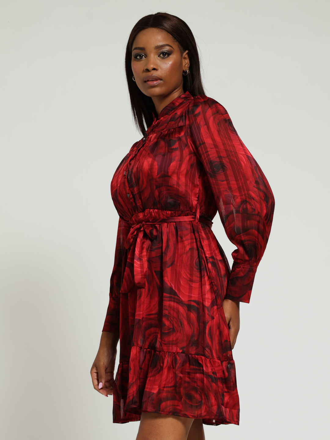 Mandarin Collared Belted Frill Hem Tea Dress - Dark Red