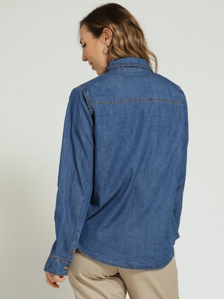 Long Sleeve Utility Pocket Denim Shirt - Dark Wash Ink