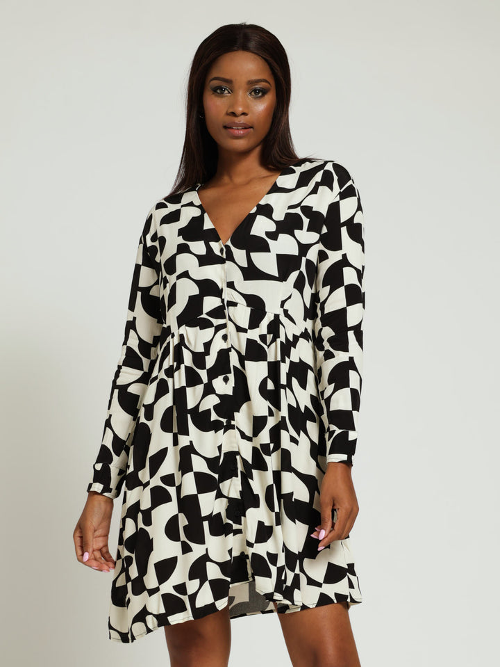 V-Neck Printed Shirt Dress - Black