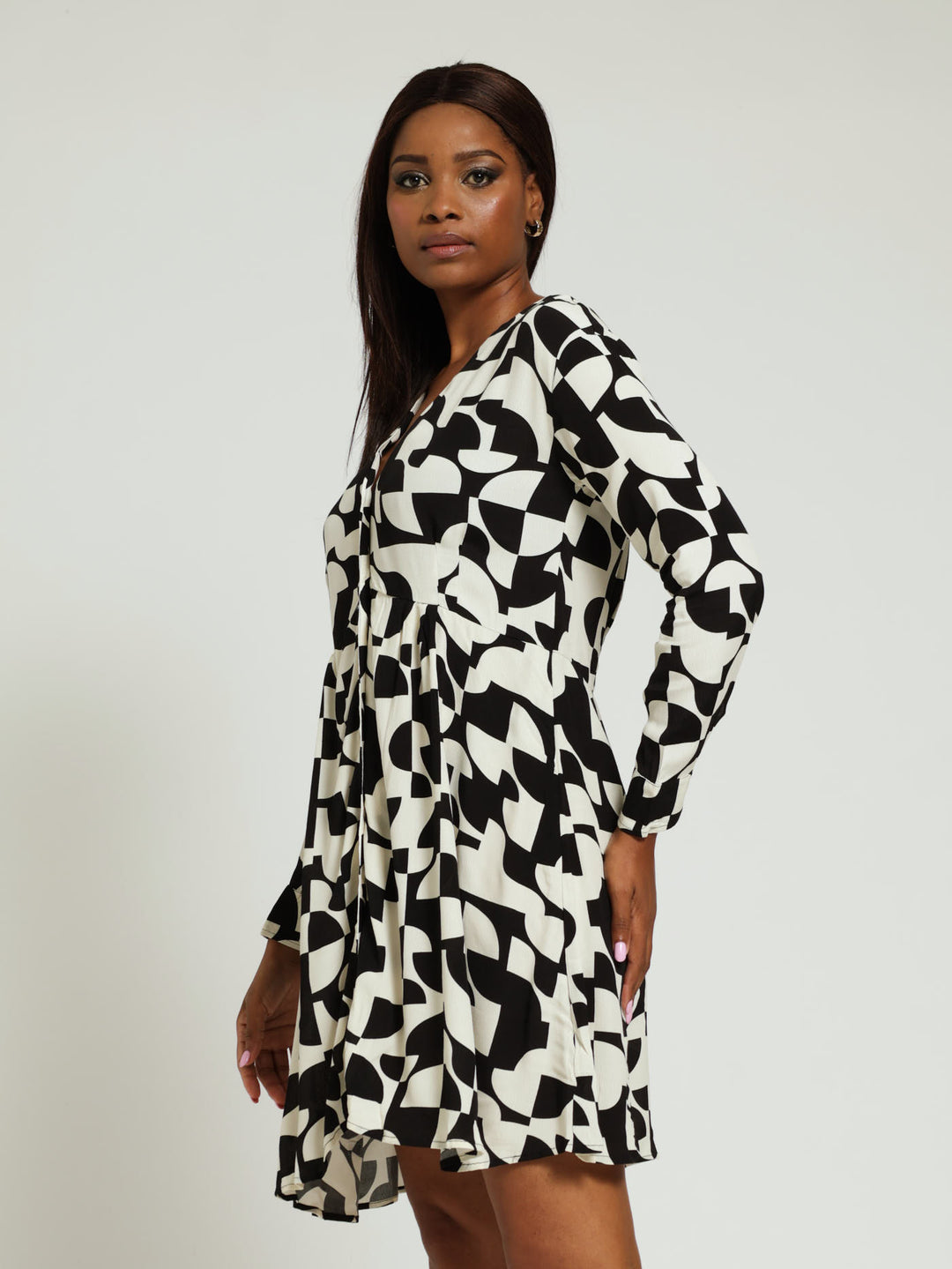 V-Neck Printed Shirt Dress - Black