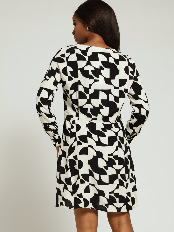 V-Neck Printed Shirt Dress - Black