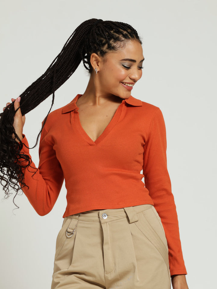 Long Sleeve Collar Basic Top - Rust