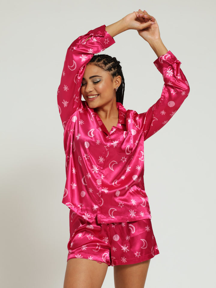 Long Sleeve Button Through Shirt & Short Satin Stars & Moon Pj Set - Cerise