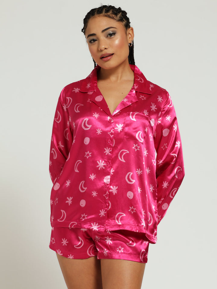 Long Sleeve Button Through Shirt & Short Satin Stars & Moon Pj Set - Cerise