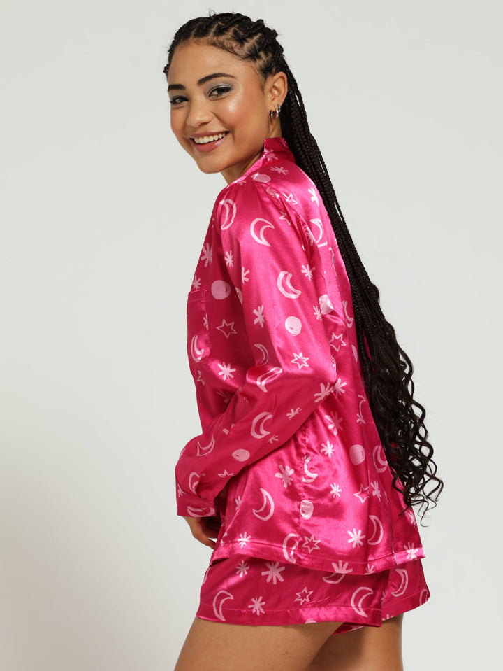 Long Sleeve Button Through Shirt & Short Satin Stars & Moon Pj Set - Cerise