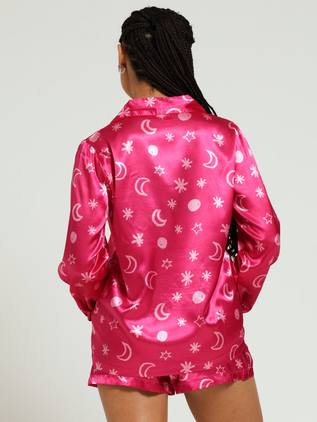 Long Sleeve Button Through Shirt & Short Satin Stars & Moon Pj Set - Cerise