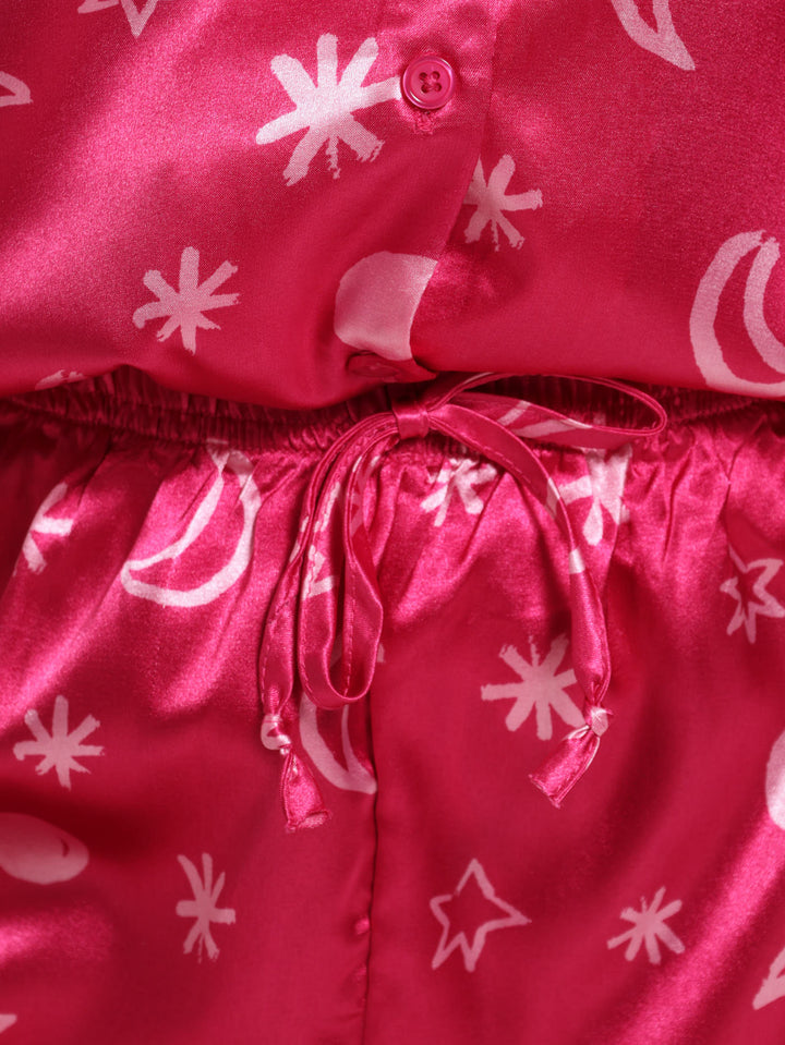 Long Sleeve Button Through Shirt & Short Satin Stars & Moon Pj Set - Cerise