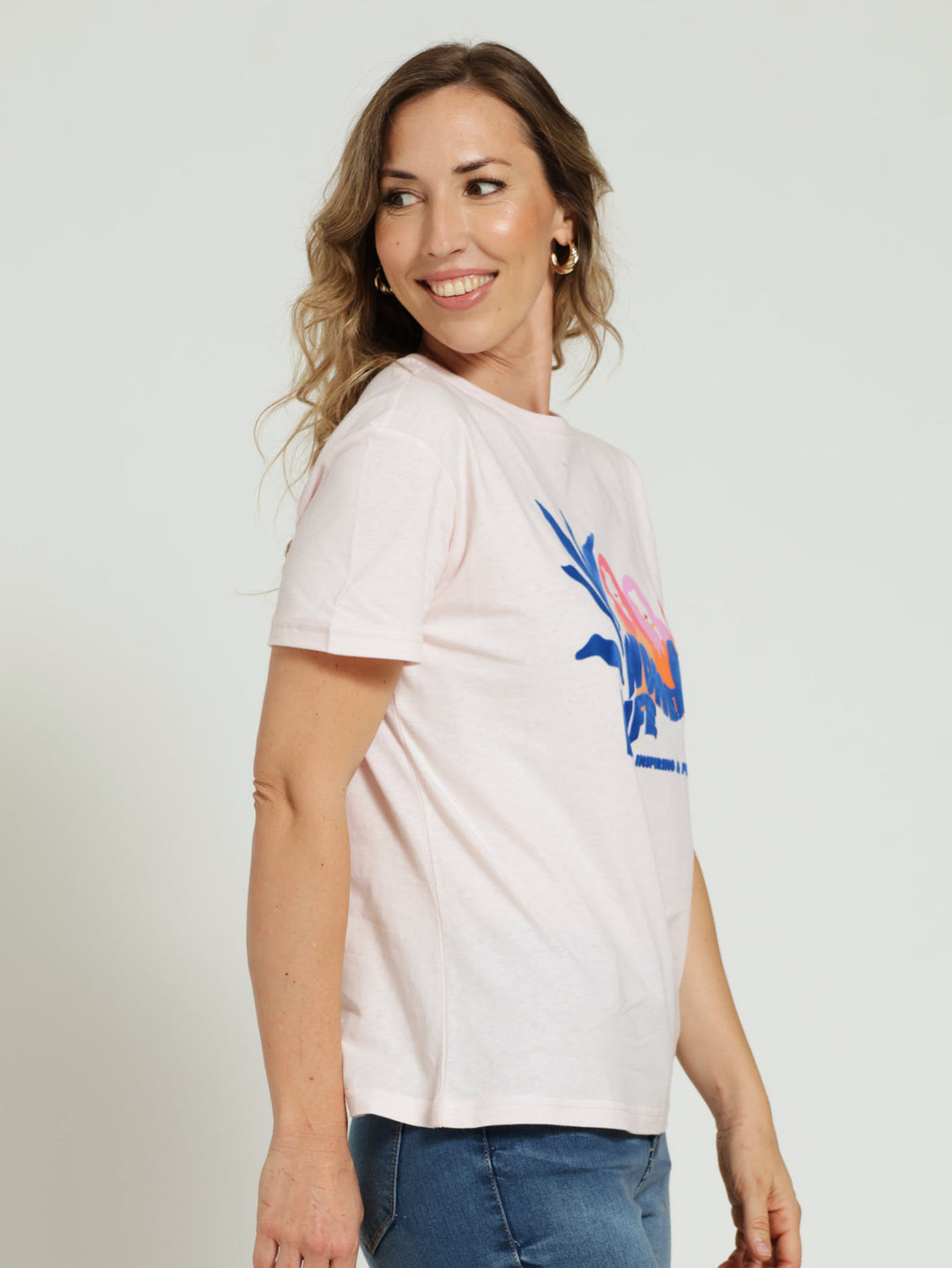 Woman With Flocked & Slogan Regular Tee - Light Pink