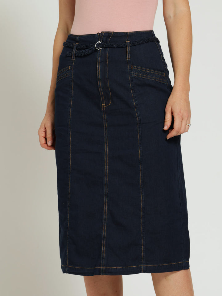 Denim Pencil Skirt With Plaited Belt - Dark Wash Ink