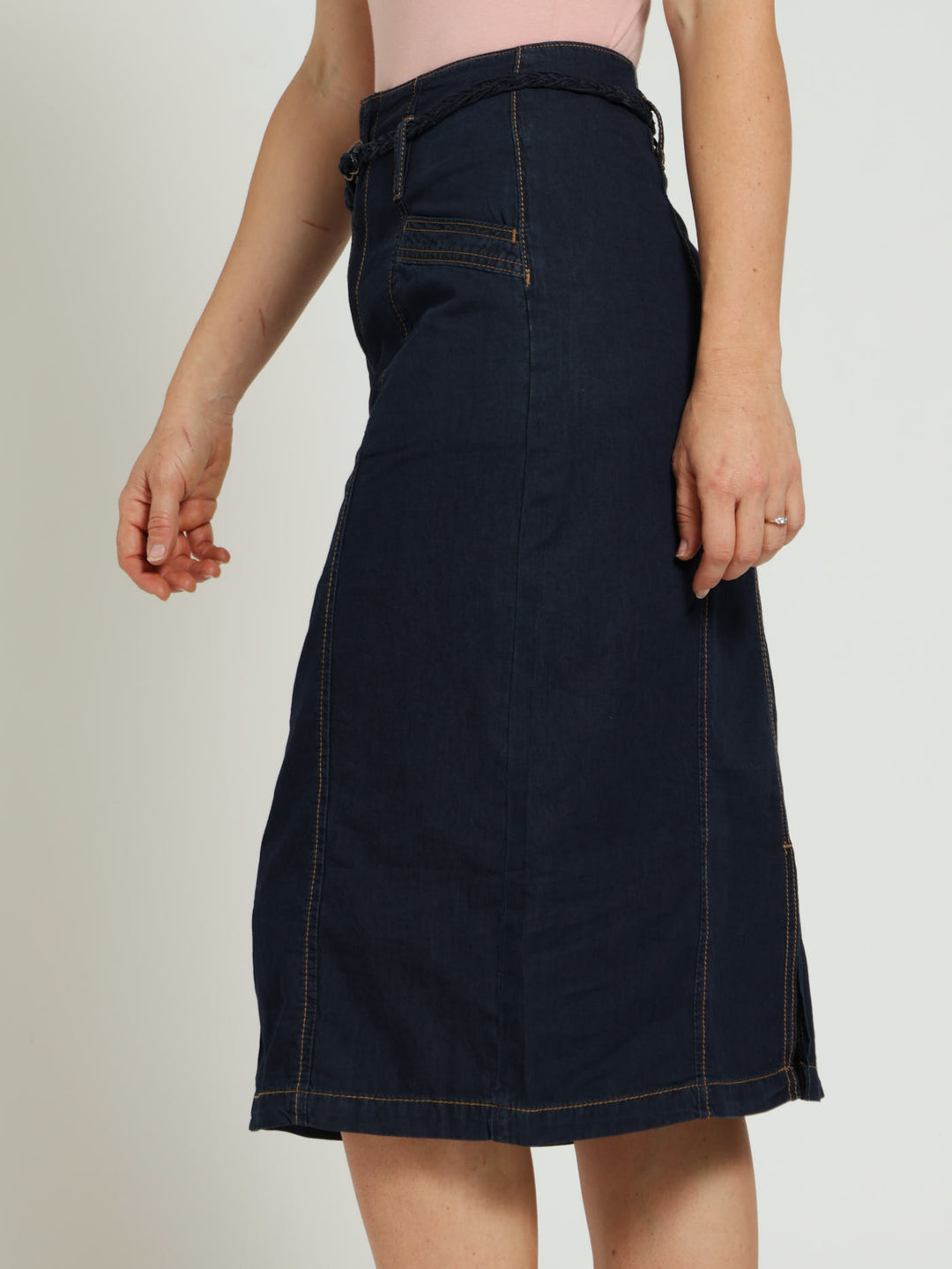 Denim Pencil Skirt With Plaited Belt - Dark Wash Ink