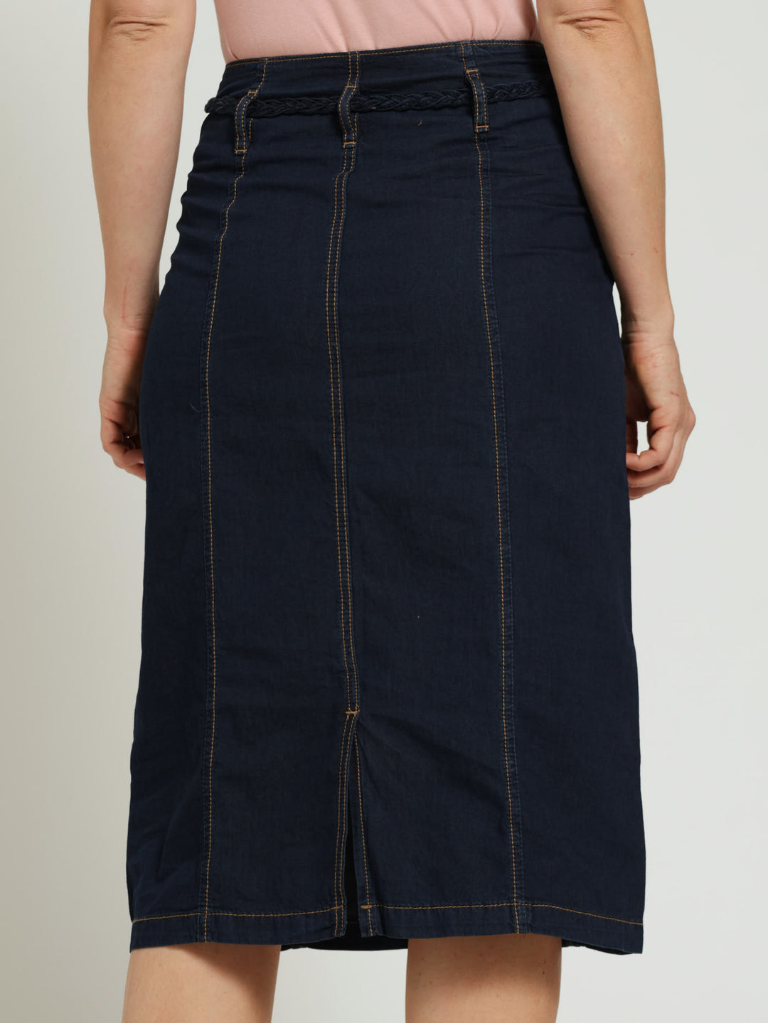 Denim Pencil Skirt With Plaited Belt - Dark Wash Ink