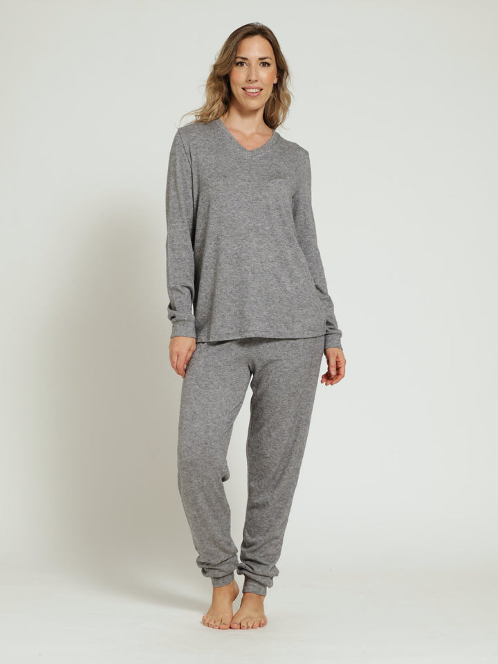 Long Sleeve Textured Knit Jogger Sleep Set - Charcoal Melange