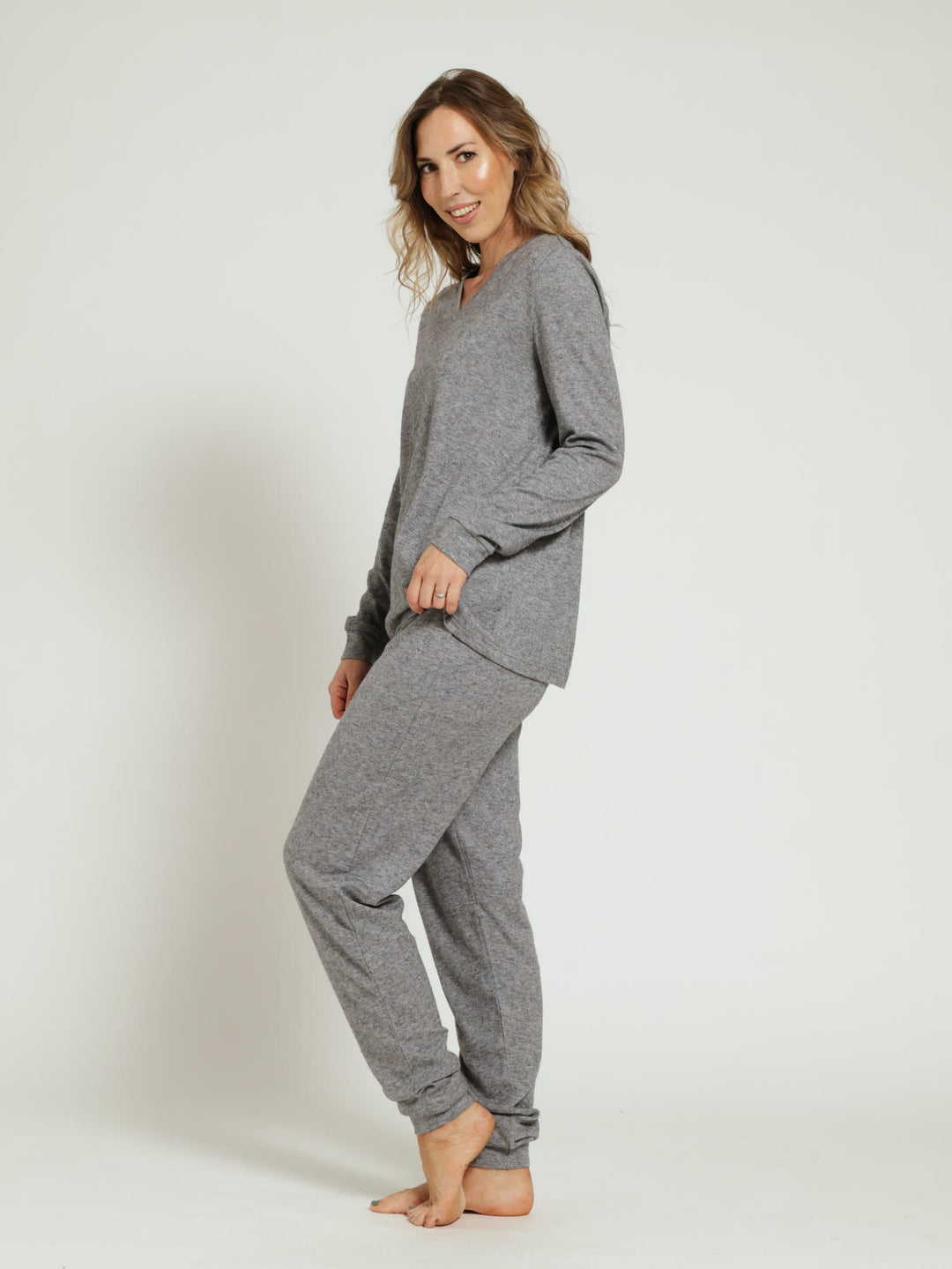 Long Sleeve Textured Knit Jogger Sleep Set - Charcoal Melange