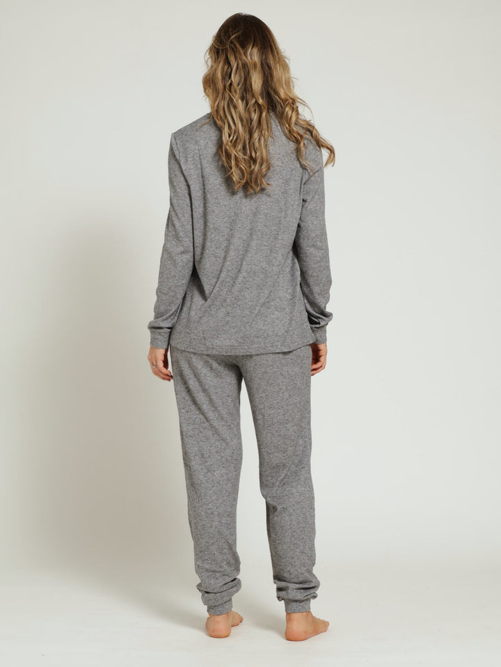 Long Sleeve Textured Knit Jogger Sleep Set - Charcoal Melange