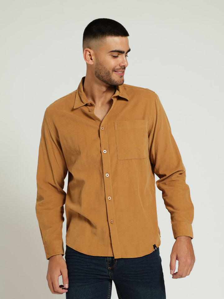 Long Sleeve Corduroy Pocket Shirt - Camel