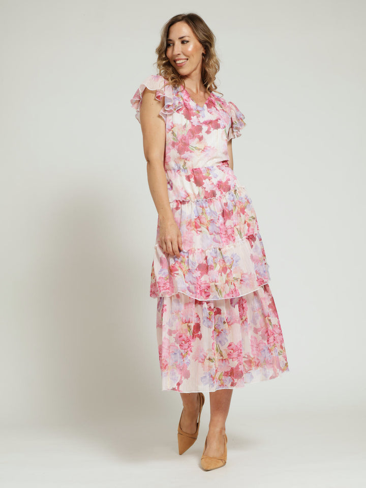 V-Neck Tiered Flutter Sleeve Maxi Dress - Pink