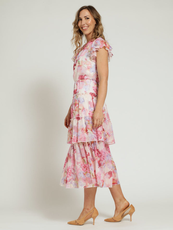 V-Neck Tiered Flutter Sleeve Maxi Dress - Pink