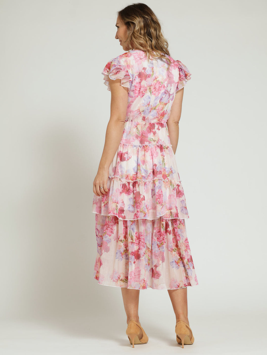 V-Neck Tiered Flutter Sleeve Maxi Dress - Pink