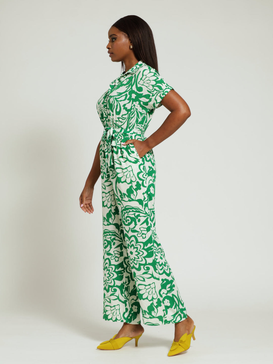 Collared Belted Jumpsuit - White/Green