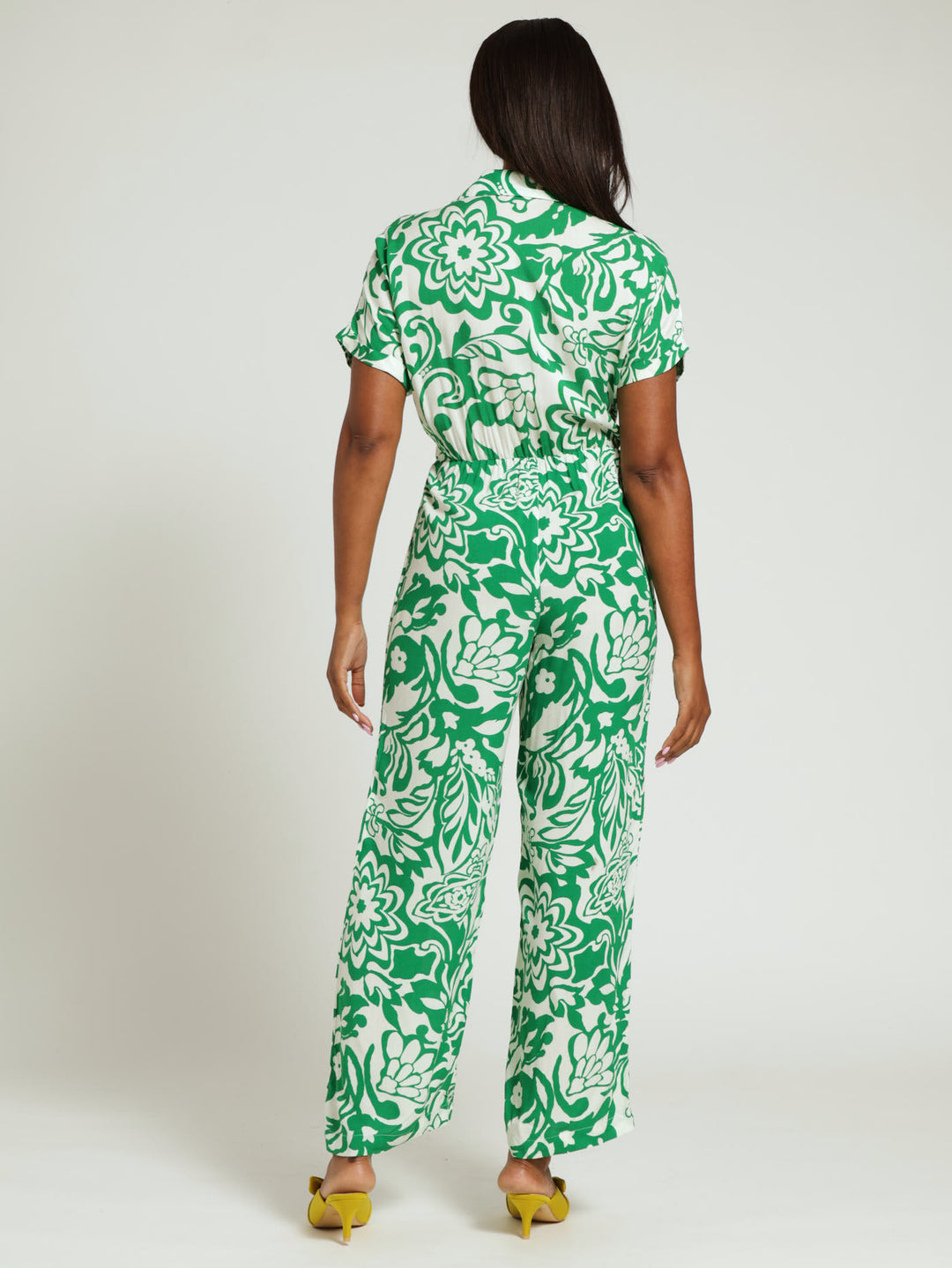 Collared Belted Jumpsuit - White/Green