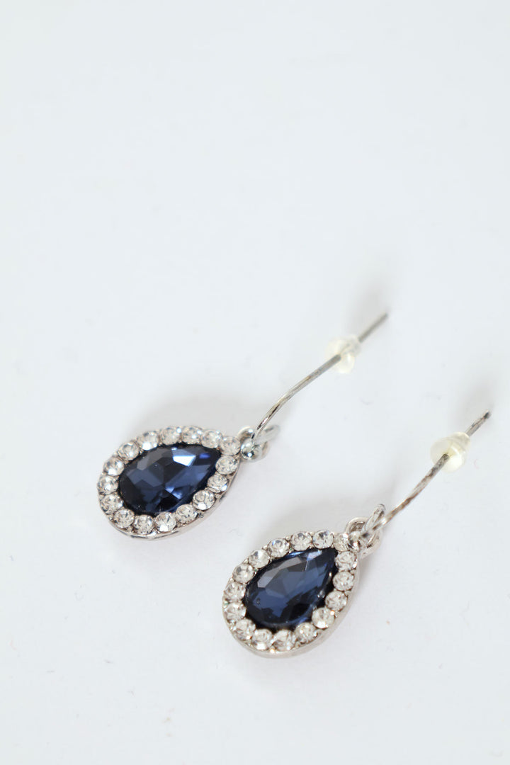 Blue Stone Pear Shape Earring & Necklace Set - Silver