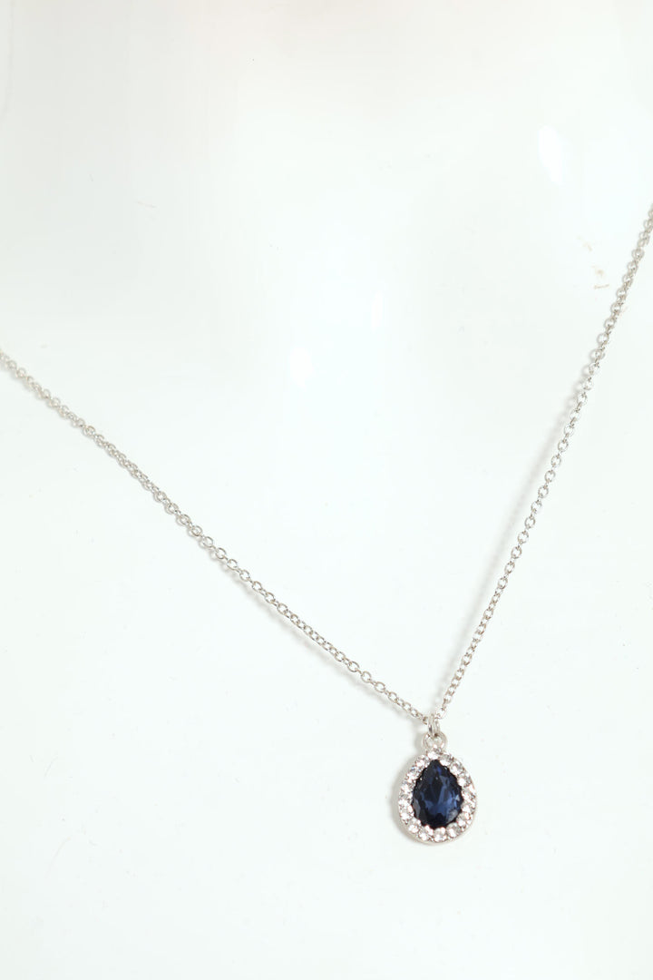 Blue Stone Pear Shape Earring & Necklace Set - Silver