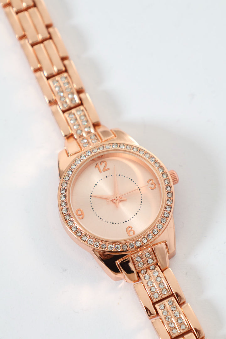 Diamante Detail Watch With Metal Strap - Rose Gold