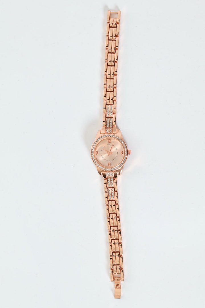 Diamante Detail Watch With Metal Strap - Rose Gold