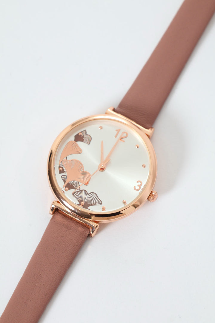 Round Flower Detail Watch With Pu Strap - Mauve