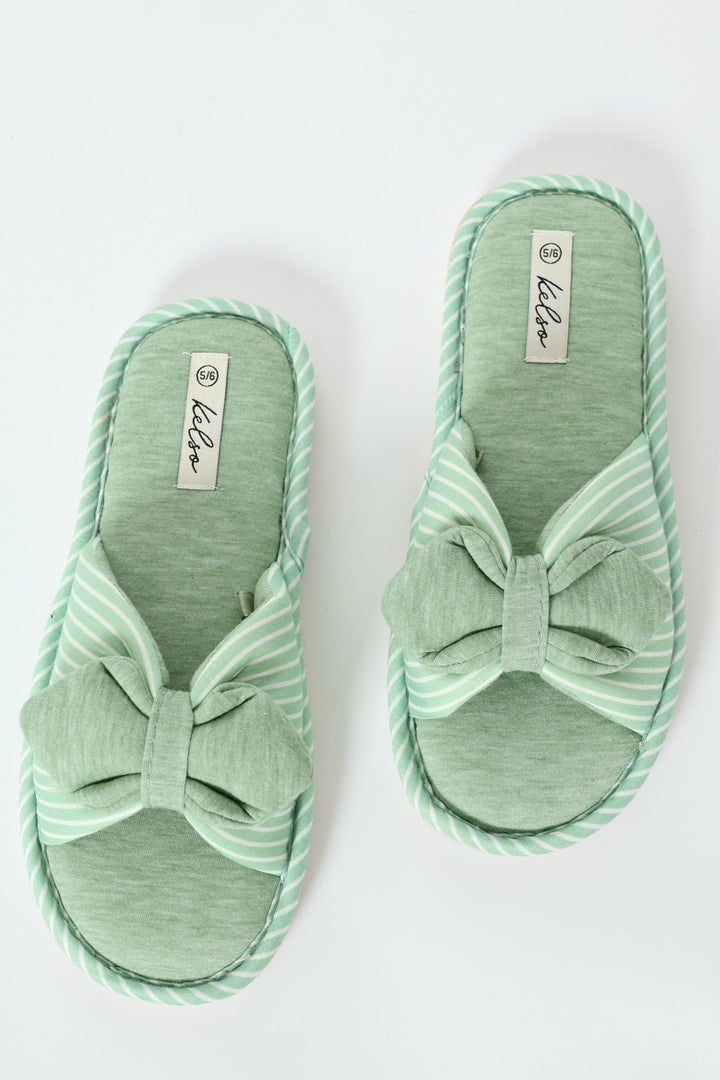 Malange Stripe Knit Slipper With Bow - Sage