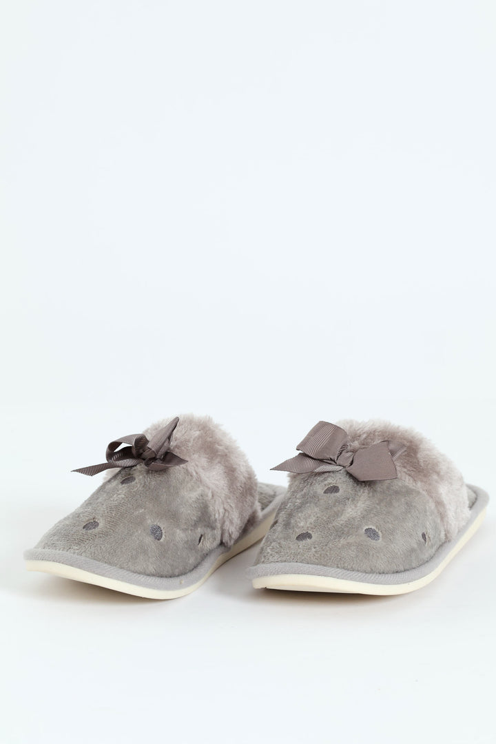 Polka Dot Closed Toe Slipper With Bow - Light Grey