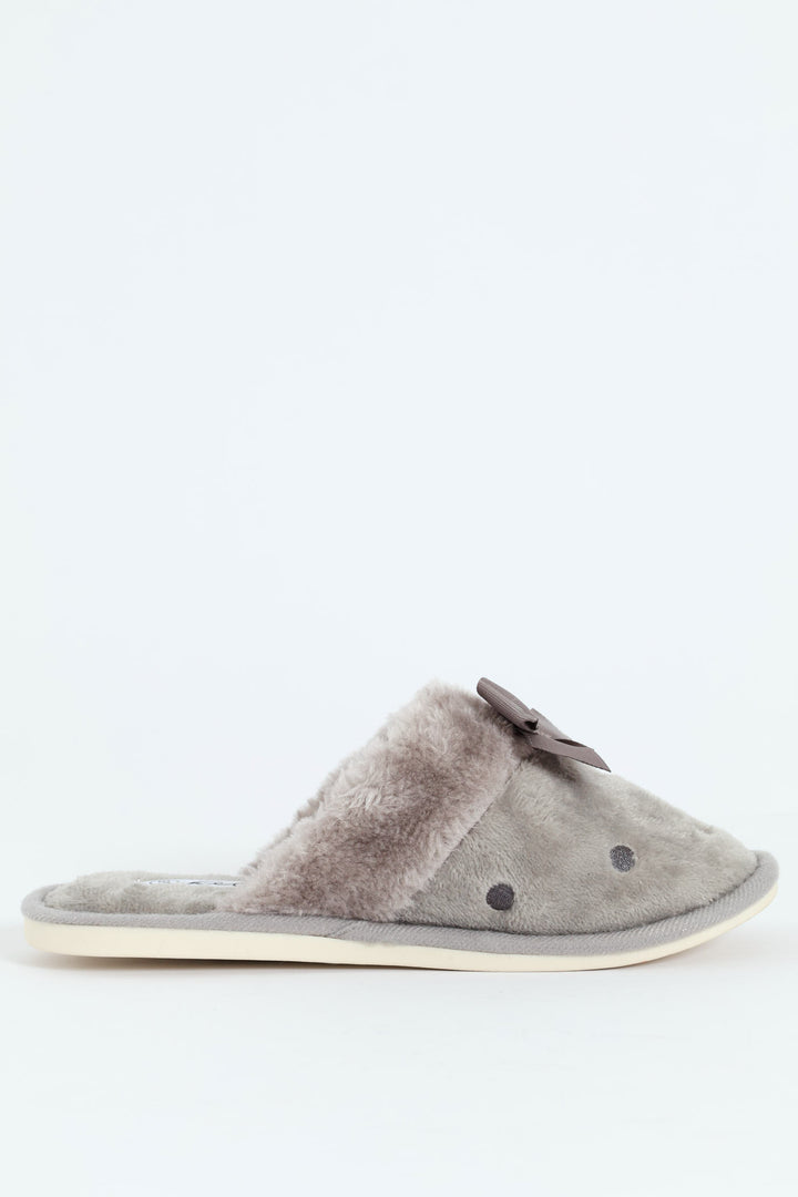 Polka Dot Closed Toe Slipper With Bow - Light Grey