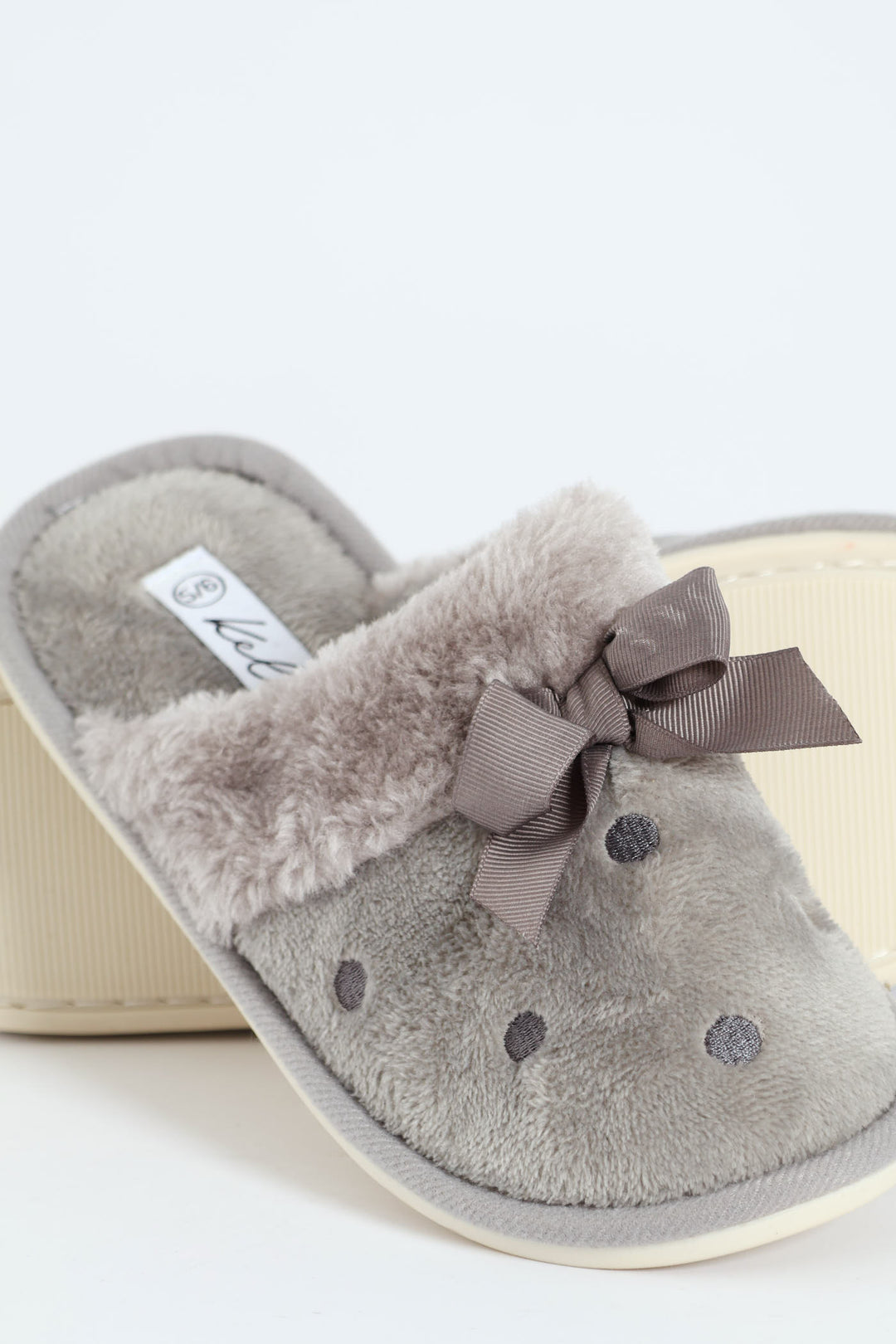 Polka Dot Closed Toe Slipper With Bow - Light Grey