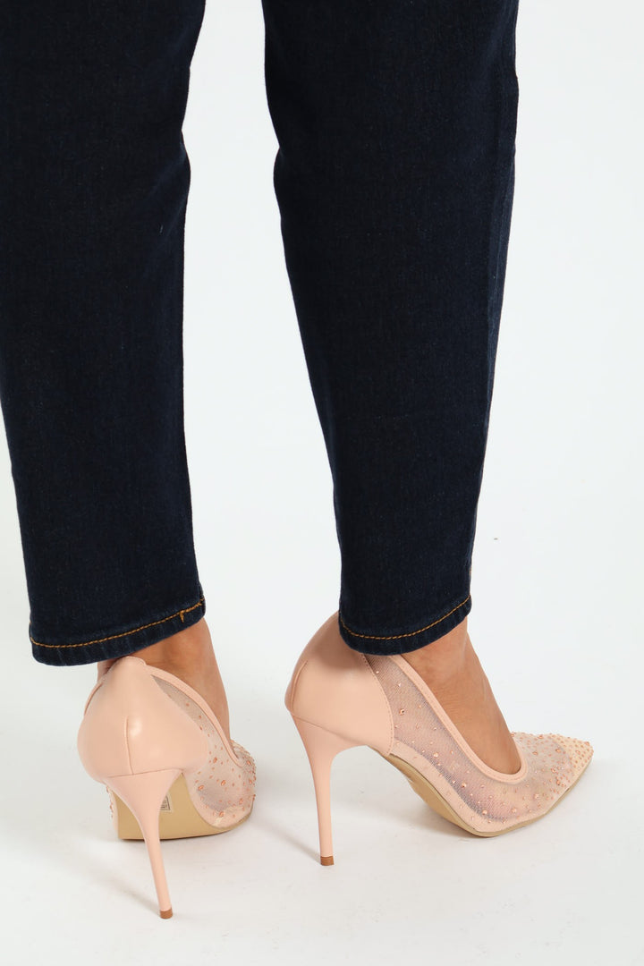 Diamante Mesh Stiletto Court Heel - Rose Gold