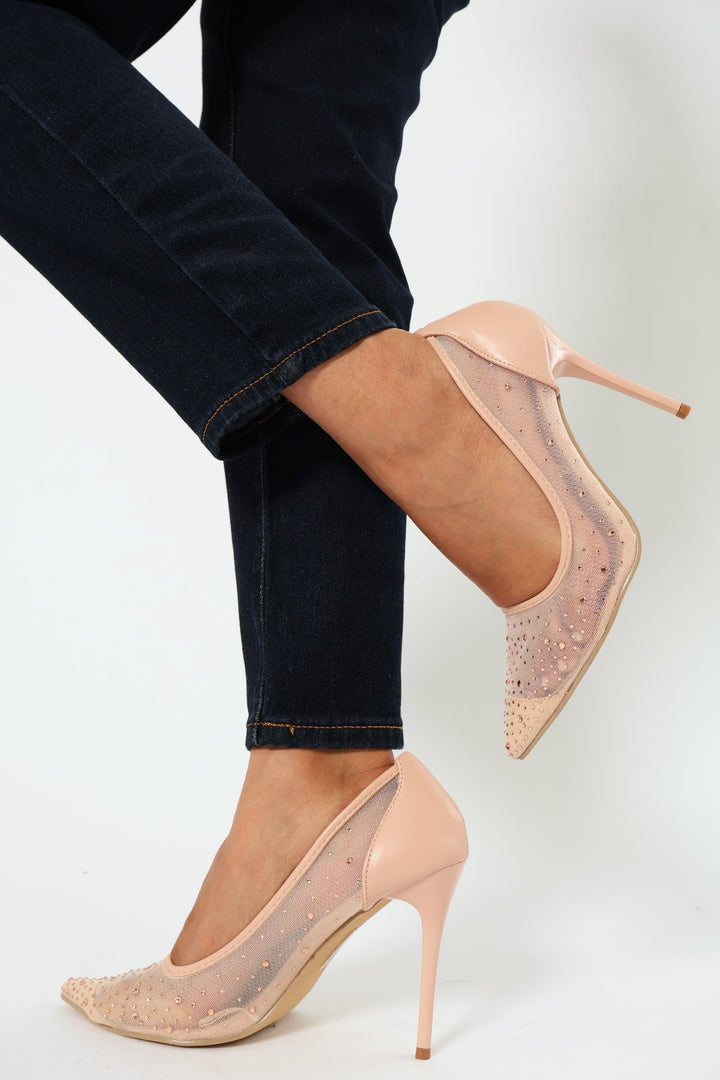 Diamante Mesh Stiletto Court Heel - Rose Gold