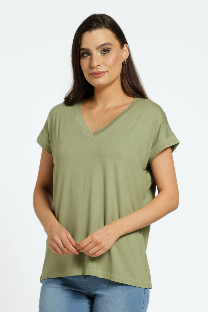 Lurex V-Neck Relaxed Tee - Green