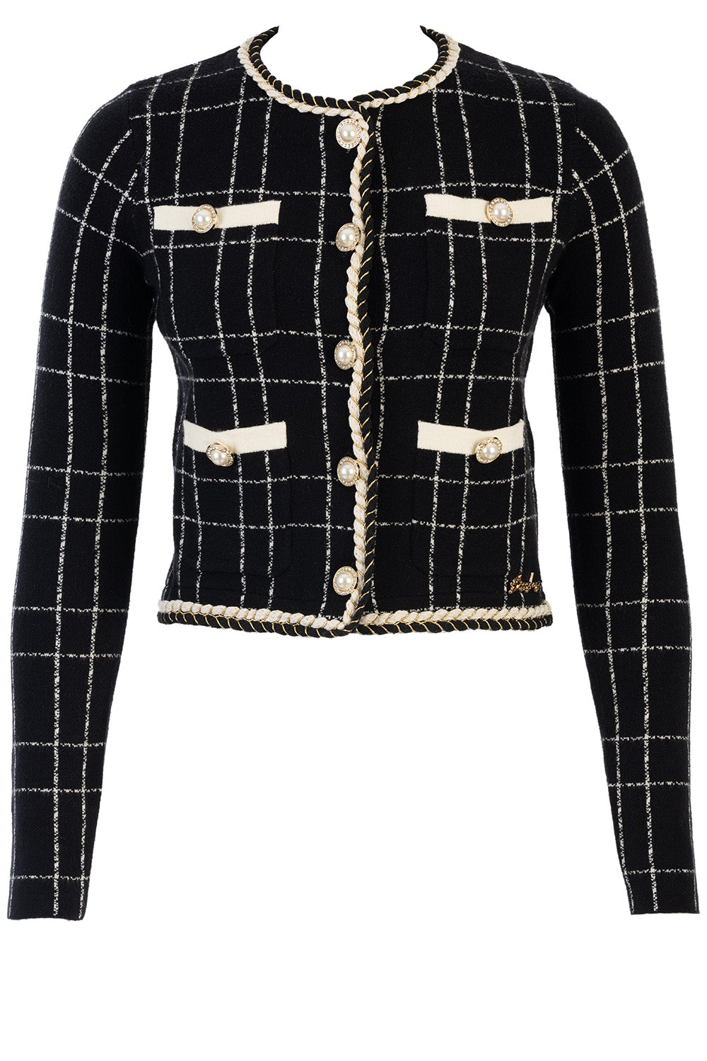 Plaid Knit Jacket With Braided Edge - Black