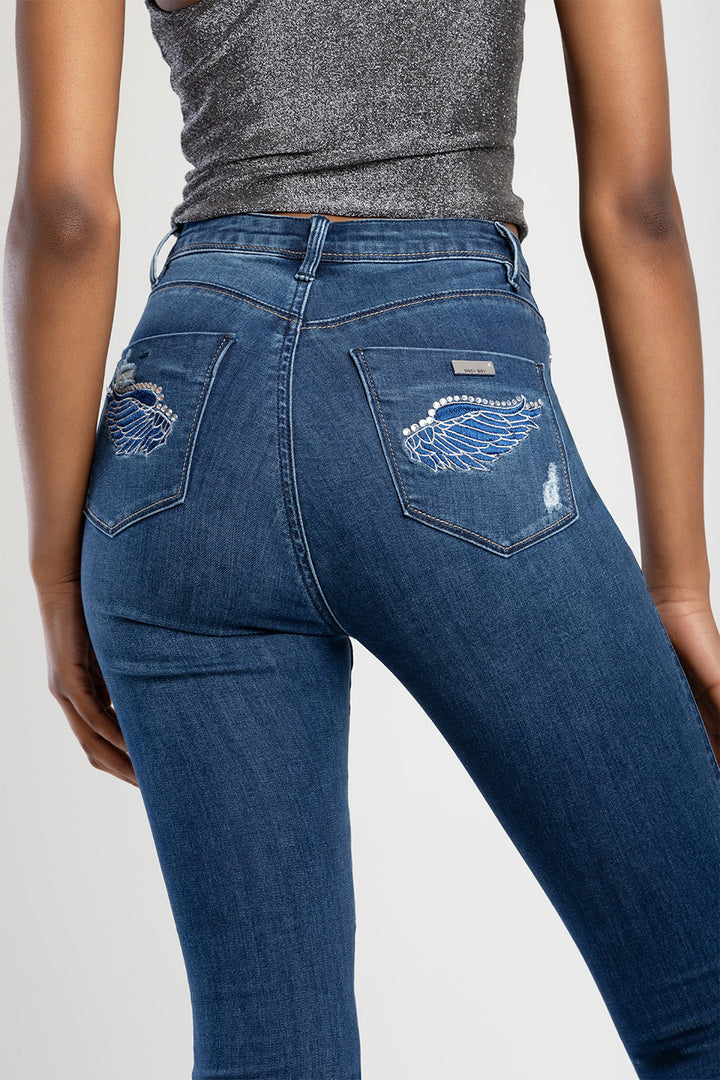 High Waist Sexy Curvy Rip Skinny Jean With Embroidered Pocket Detail - Dark Blue