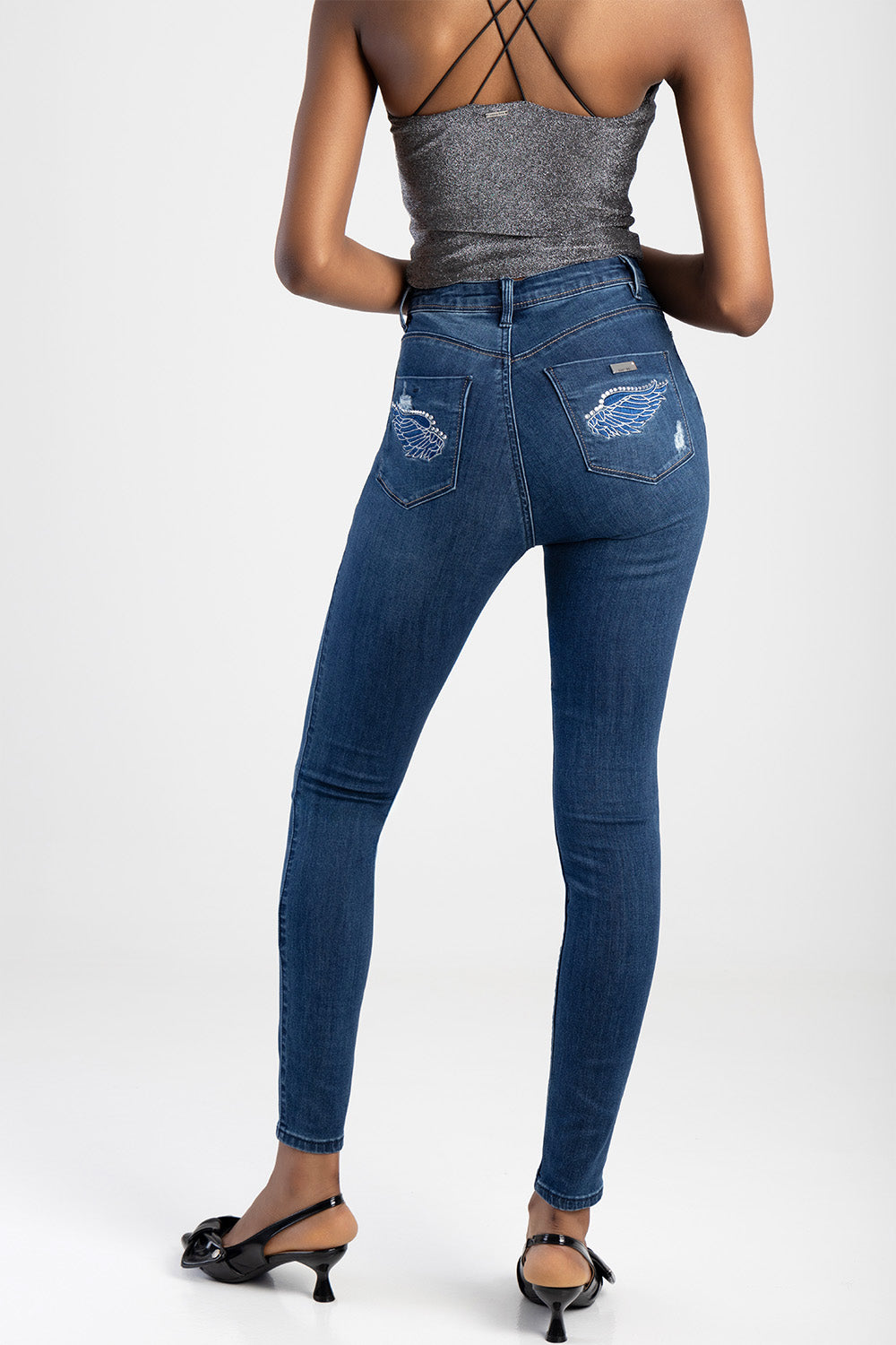 High Waist Sexy Curvy Rip Skinny Jean With Embroidered Pocket Detail - Dark Blue