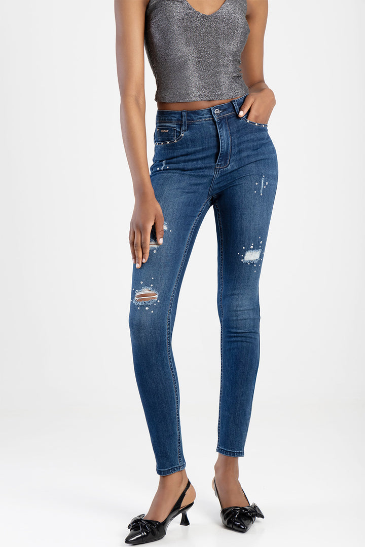 High Waist Sexy Curvy Rip Skinny Jean With Embroidered Pocket Detail - Dark Blue