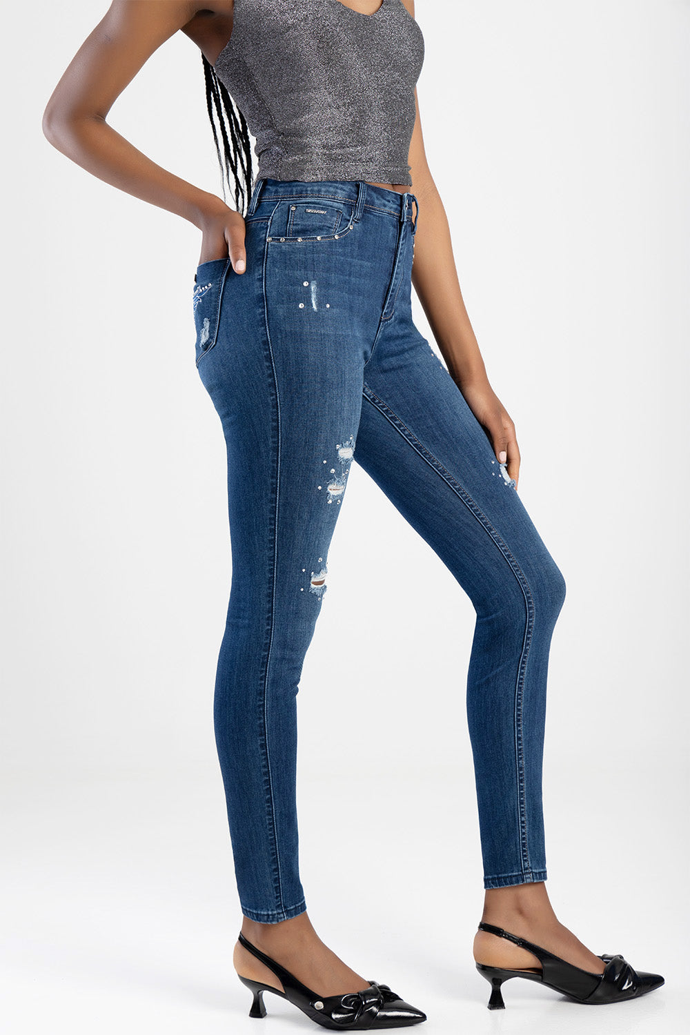 High Waist Sexy Curvy Rip Skinny Jean With Embroidered Pocket Detail - Dark Blue