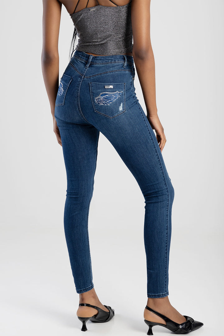 High Waist Sexy Curvy Rip Skinny Jean With Embroidered Pocket Detail - Dark Blue